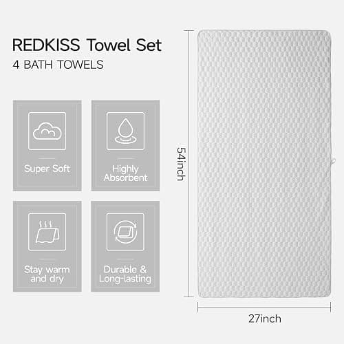 REDKISS 4 Pack Gray Microfiber Bath Towels - Extra Large Waffle Towels Set for Bathroom, Super Absorbent Towel Set of 4 Lagre, Quick Dry Bathroom Towel for Spa, Gym,Travel, Lint Free, Ultra Soft thumbnail 3