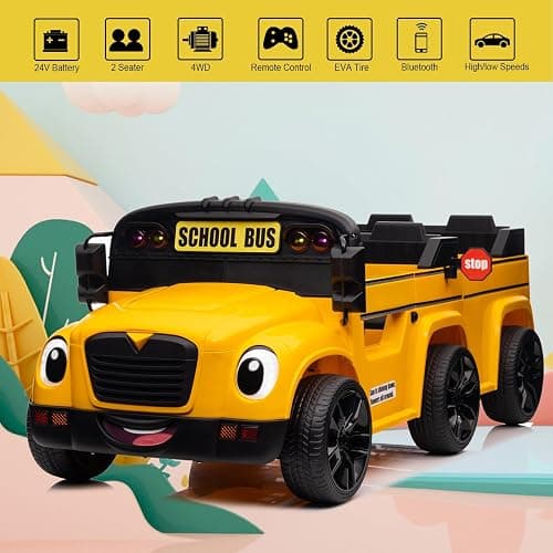 24V 2 Seater Ride on School Bus 4WD Kids Ride on Car, 6 Wheels Battery Powered Car w/Remote Control, Electric Cars for Kids to Drive, LED Light, Music, Bluetooth for Boys & Girls thumbnail 2