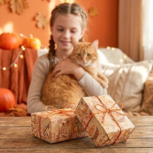 WRAPAHOLIC Kraft Fall Wrapping Paper Roll - Mini Roll - 17 Inch x 16.5 Feet - Cat, Autumn Maple Leaves, Pumpkin Wrapping Paper for Autumn, Thanksgiving, Party, Holiday thumbnail 8