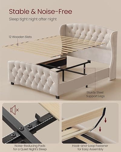 VASAGLE Queen Bed Frame with Tall Headboard, Upholstered Platform Bed Frame Queen Size, with Wingback Tufted Headboard and Footboard, Wooden Slats, No Box Spring Needed, Cappuccino Beige URMB881W01 thumbnail 5
