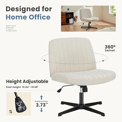 DUMOS Criss Cross Chair No Wheels Wide Cross Legged Office Desk Vanity Chair Comfy Fabric Armless Adjustable Swivel for Home Computer Task (Beige) thumbnail 6