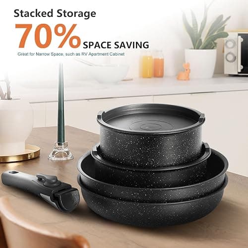 Sweetcrispy 12-Piece Granite Nonstick Pots and Pans Set, Black | Detachable Handle, Stackable, Space-Saving, Dishwasher ＆ Oven Safe, Induction Ready, RV & Condo Kitchen, New Home Cookware thumbnail 6