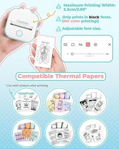 Memoking Sticker Printer - T02 Mini Printer Print Pods Portable Thermal Inkless Sticker Maker Machine Bluetooth Pocket Impresora Portátil Instant Print for Notes, Anatomical Diagrams, Journal,DIY,Gift thumbnail 7