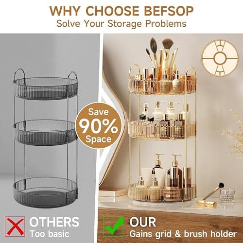 360° Rotating Makeup Organizer, Upgraded 3 Tier Skincare Perfume Organizers for Women, Bathroom Organizer Countertop, Clear Cosmetic Dresser Organizer with Makeup Brush Holder, Sink&Counter(Amber) thumbnail 3