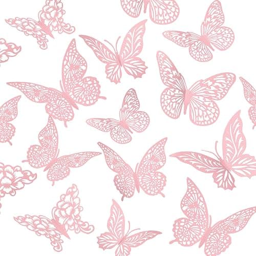 3D Pink Butterfly Wall Decor 3 Sizes 4 Styles Butterfly Party Decorations Cake Decorations Removable Stickers Wall Decor Room Mural Metallic Kids (Pink, 48Pcs) - Image 1