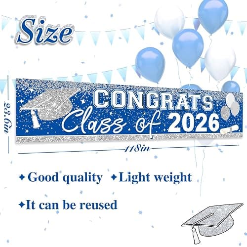 Large Congrats Grad Banner Light Blue Class of 2026 Banner Backdrop 2026 Yard Sign for Graduation Party Supplies Graduation Decorations 2026 (Light Blue) thumbnail 2