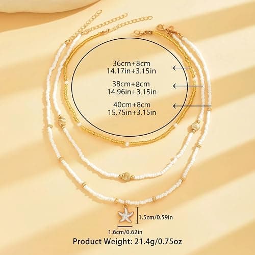 Shell Starfish Necklace for Women, 14k Gold Plated Boho Layered Beaded Charm Pendant Necklace, Dainty Adjustable Pearl Conch Summer Beach Vacation Jewelry Gifts thumbnail 7