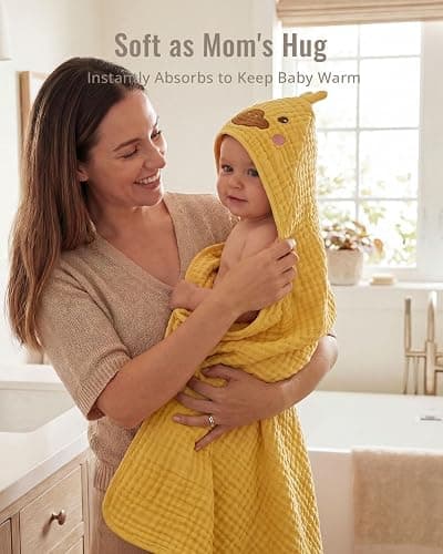 Blissful Diary Muslin Baby Hooded Towel 2 Pack, Soft & Absorbent Bath Towel for Infant, Toddler, Unisex, Baby Gift, Newborn Essentials, Sunny Duck & Dreamy Unicorn thumbnail 5