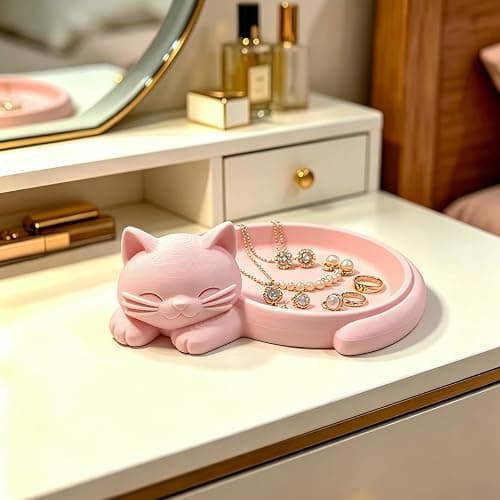 Cat Ring Holder Jewelry Dish Cute Trinket Tray Gifts for Cat Mom Lovers | Pink Cat Design, 3D Printed, Holds Rings Earrings Necklace Keys, Vanity Dresser Bathroom Office Desk Decor Gifts for Women - Image 1