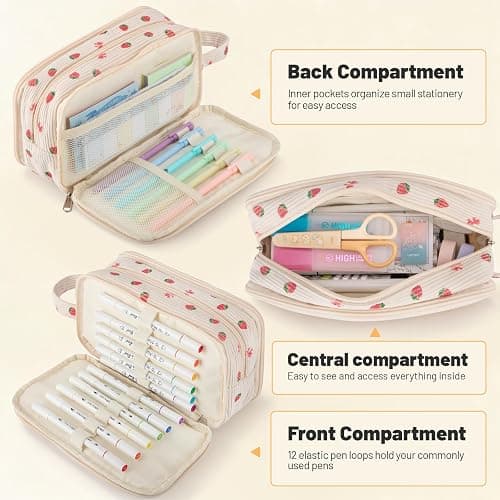 YILANCOL Cute Corduroy Pencil Case Pouch with Handle,Extra Large 4 Compartment Aesthetic Pen Case Pouch Organizer Gifts for Teen Girls,School,College,Birthday Gifts (Beige Strawberry) thumbnail 5