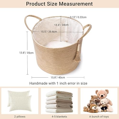 Mkono Woven Storage Basket Decorative Natural Rope Basket Wooden Bead Decoration for Blankets,Toys,Clothes,Shoes,Plant Organizer Bin with Handles Living Room Home Decor, Jute, 16" W × 13.8" L thumbnail 3