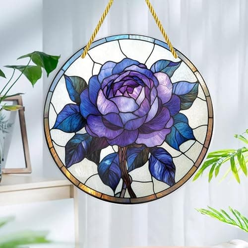Cafemira Acrylic Wall Accents,Stained Glass of a Purples Rose,Shatterproof Acrylic Wall Hangings,Round Artwork,Home Decor for White Walls,Make Your Space More Personalized,12x12 inch Easy to Hang thumbnail 2