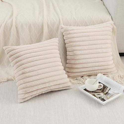Pallene Faux Fur Plush Throw Pillow Covers 18x18 Set of 2, Luxury Soft Fluffy Striped Decorative Pillow Covers for Sofa, Couch, Living Room, Apricot - 18" x 18" (Pack of 2) - Apricot thumbnail 2