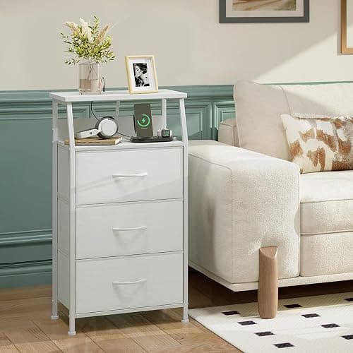 Somdot White Nightstand with Charging Station and LED Light for Bedroom, Tall 3 Drawers Dresser with Fabric Bins for Bedside Kids Dorm Room Closet Laundry Entryway, White Leather - 11"D x 16.5"W x 31.1"H (3 Drawers) - White Leather thumbnail 7