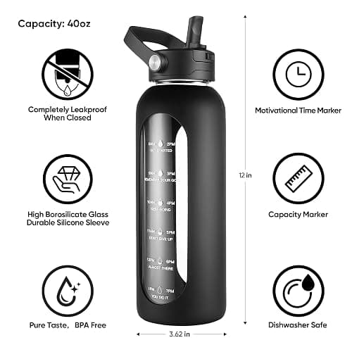 CIVAGO 40 oz Glass Water Bottle with Detachable Straw and Time Maker | Motivational Large Flask Cup with Handle, Leakproof Lids, Wide Mouth, Silicone Sleeve, Tumbler for Juice, Black thumbnail 3