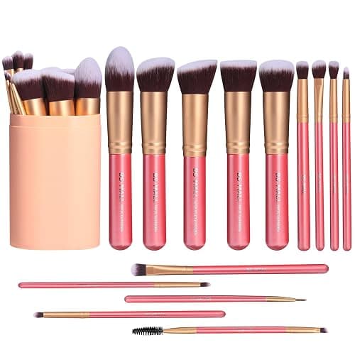 BS-MALL New 14 Pcs Makeup Brushes Premium Synthetic Kabuki Makeup Brush Set Cosmetics Foundation Blending Blush Eyeliner Face Powder Brush Makeup Brush Kit(golden Pink) - E-GoldenPink - Image 1