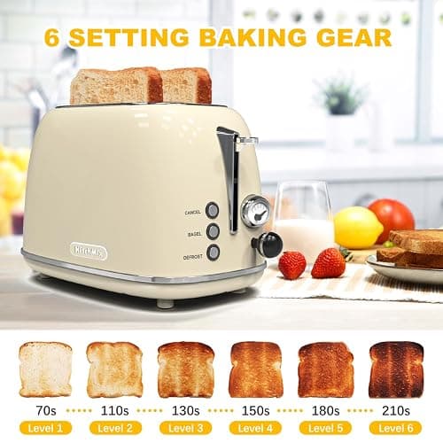 Toaster 2 slice, KitchMix Retro Stainless Steel Toaster with 6 Settings, 1.5 In Extra Wide Slots, Bagel/Defrost/Cancel Function, Removable Crumb Tray (Cream) thumbnail 4