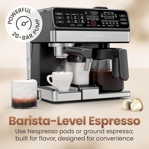 Chefman Coffee Maker Espresso Machine Combo, OmniBrew 8-in-1 Coffee Station with Automatic Milk Frother for Lattes, Cappuccinos, Macchiatos, 12-Cup Carafe and 3L Removable Water Tank - Black thumbnail 5