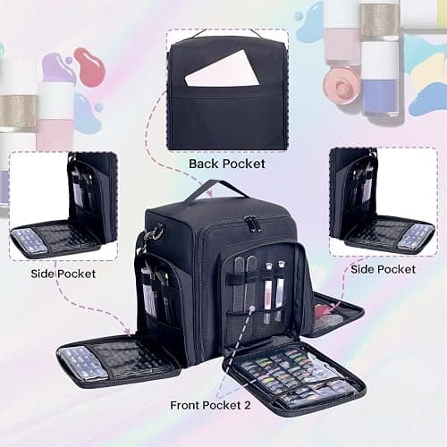 YAHOURWAT Nail Polish Organizer Holds 60 Bottles and a Nail Lamp,Portable Travel Case with 2 Removable Bags and Tools Storage Pockets Black thumbnail 5