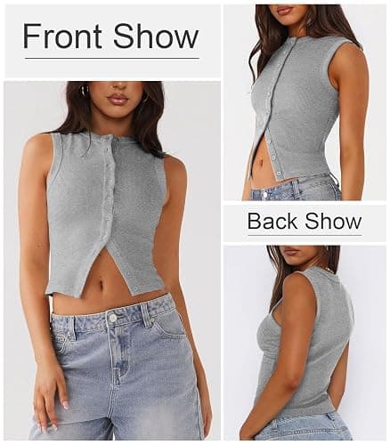 Pungdra Womens Button Down Tank Top Sleeveless Ribbed Fitted Vest Casual Crewneck Trendy Y2K Going Out Crop Knit Vest Top thumbnail 3