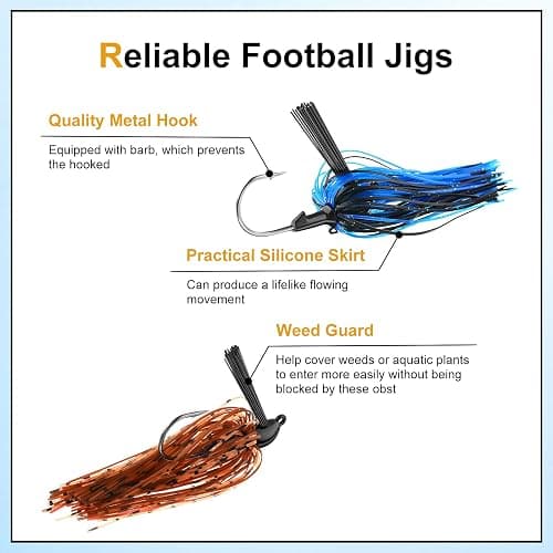 Sumind 8 Pcs Bass Fishing Jigs Bass Weedless Football Jig Metal Football Head Kit Swim Silicone Skirts Weed Guard Flipping Lures, Colorful, 10 G/ 3/8 oz thumbnail 3