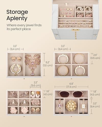 SONGMICS 5-Layer Jewelry Box Organizer with 4 Drawers, Jewelry Storage Case with Lock and Mirror, Large Storage Capacity, Gift for Loved Ones, for Necklaces, Watches, Cream White UJBC153WD01S thumbnail 2