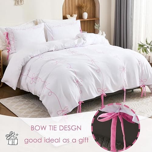 Pink Bow Duvet Cover Twin White and Pink Bedding Set Bowknot Bow Tie Cute Bedroom Decor Girls Coquette Comforter Cover Romantic Dreamy Decor thumbnail 2