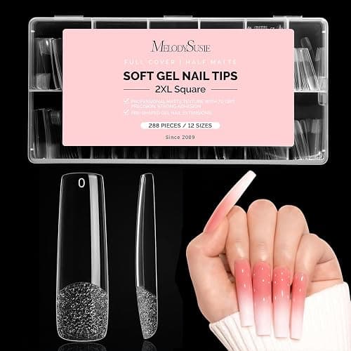 MelodySusie Long Square Nail Tips - 300Pcs Clear Acrylic, Half Matte Full Cover Press on Nails for DIY Extension & Salon Use, 15 Sizes Pre-Shaped for Long-Lasting Manicure - Image 1