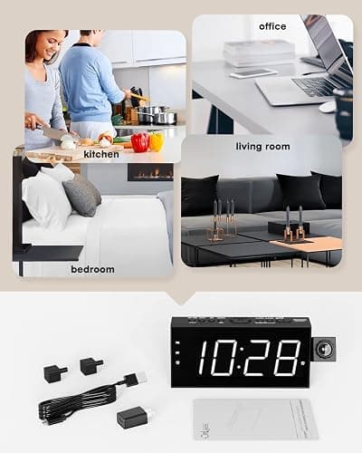Projection Alarm Clock on Ceiling,Digital Clock for Bedroom with Battery Backup,7”Large Display,USB Charger,Dimmer,180° Rotatable Projector,12/24H,Snooze,DST,Loud Alarm Clock for Kids,Adults,Elders thumbnail 7