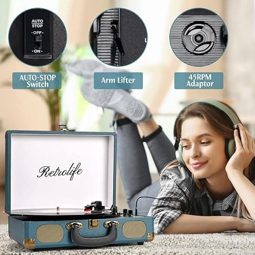 Retrolife® Record Player 3-Speed Bluetooth Portable Turntable-Coral Blue | Belt-Driven with Built-in Speakers, Wireless Bluetooth Input, RCA Out AUX In Headphone Jack, Auto-Stop, Gift for Music Lovers thumbnail 5