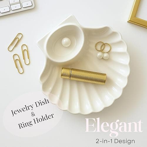 Large Seashell Jewelry Dish Trinket Tray for Women, White Ceramic Trinket Dish, Seashell Ring Holder, Cute Shell Jewelry Holder for Coastal Cowgirl, Coastal Granddaughter Room Decor, Stockholm Style thumbnail 4