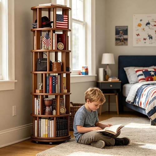 Muwuele 6 Tier Rotating Bookshelf Tower, Solid Wood Bookshelf on Wheels, Circular Book Shelf Rotating, Revolving Bookcase for Small Spaces, Corner Book Case, Spinning Book Shelf for Bedroom, Walnut thumbnail 6