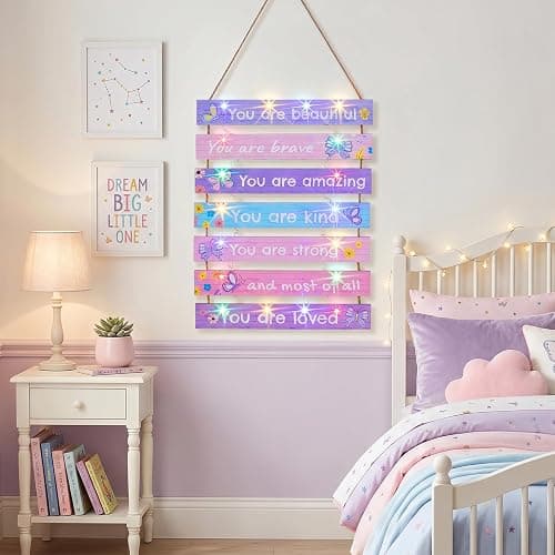 FIOBEE Girls Room Decor LED Light Wood Wall Motivational Sign Art for Kids | Bedroom Wall Art Decor, Inspirational Sayings, 8 Modes Glowing Lightup, Princess Posters, Studyroom Decoration thumbnail 2