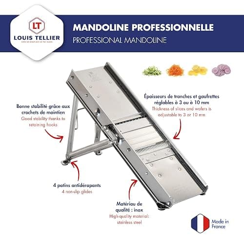 BRON COUCKE - Professional Mandoline - Stainless Steel - Slices Fruits and Vegetables, Makes French Fries and Julienne - Straight Blade + Waffle Blade - Adjustable Thickness - Includes Safety Carriage thumbnail 4