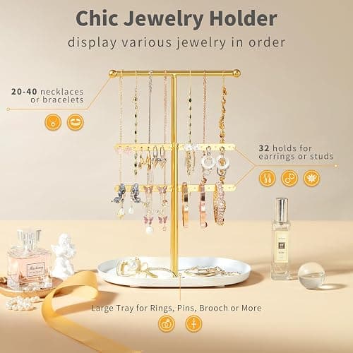 Elegant Jewelry holder Organizer 2-Tier Display Storage Stand for Earrings Necklaces with Ring Tray Spacious and Durable, Easy to Assemble White & Gold thumbnail 5