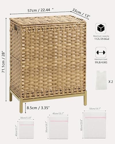 SETVSON Laundry Hamper with Lid, 112 L Handwoven Rattan Wicker Laundry Basket, 2 Removable Liner Bags Metal Heightened Feet, 6 Mesh Bags, 2 Section Large Clothes Hamper for Bathroom Bedroom, Natural thumbnail 2