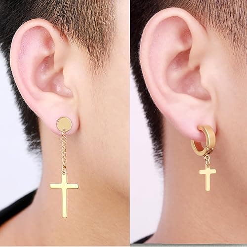 17 Pairs Earrings for Men, Stainless Steel Earrings For Men Sensitive Skin, Fashion Earring Piercing Jewelry Cross Dangle Hoop Earrings Kit Studs Long-lasting Shine thumbnail 7