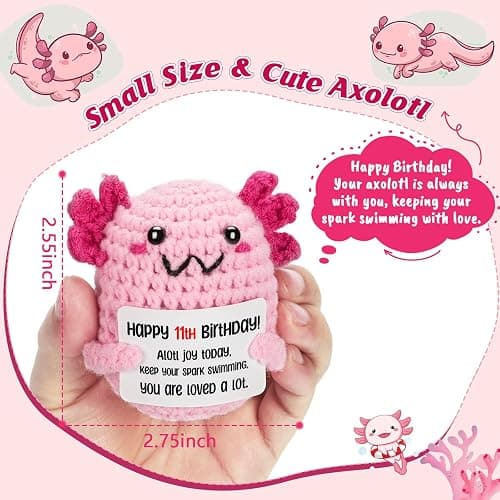 WEYON 11 Year Old Girl Birthday Gift Ideas – Mini Crochet Axolotl Plush with 11th Birthday Card, Kawaii Room Locker Decor, Trendy Tween Present thumbnail 2