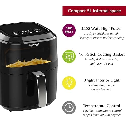 Innoteck Kitchen Pro 5L Air Fryer with Viewing Window - Healthy Low Fat No Oil Cooking - For Air Frying, Roast, Dehydrate, Bake, & Reheat - Dishwasher Safe Accessories, Non-Slip Feet - Gloss Black thumbnail 6