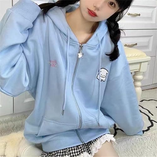 Manniduole Women Kawaii Oversized Zip Up Hoodie Cute Cartoon Embroidery Casual Pullover Sweatshirt Harajuku Casual Streetwear thumbnail 4