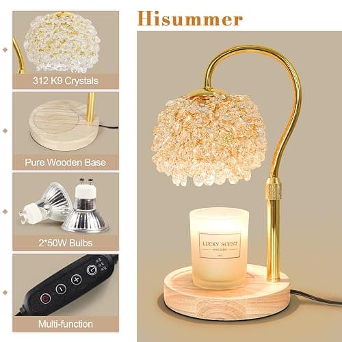 Hisummer Candle Warmer Lamp with Timer, Dimmable Candle Lamp Warmer with 312 K9 Crystals Adjustable Height Electric Candle Warmer for Women Gifts, Wax Warmer Lamp with 2 Bulbs for Jar Candles thumbnail 3
