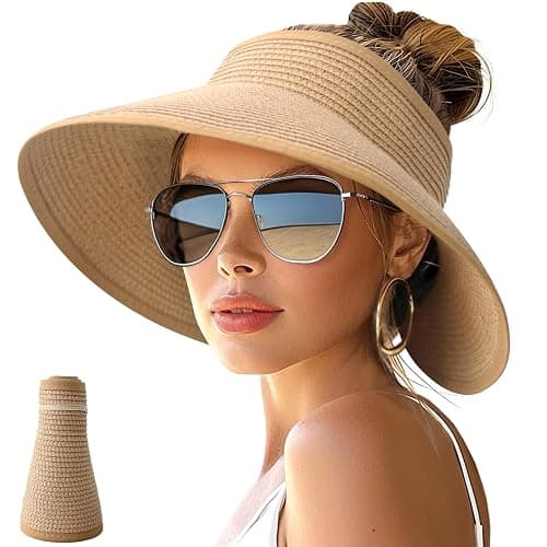 NPJY Sun Hats for Women Wide Brim Roll-Up Beach Ponytail Hat Packable Foldable Travel Straw Visor - Image 1