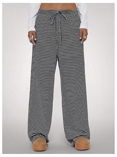 WDIRARA Women's Striped Drawstring Elastic Waist Pants Wide Leg Loose Lounge Pants thumbnail 4