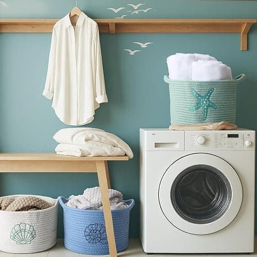 Vesici 3 Pcs Coastal Seashell Starfish Woven Baskets Blue White Green Beach Small Cotton Rope Storage Basket 9.7'' x 7.1'' Laundry Organizer with Handles for Toys Clothes Organization Nursery Bedroom thumbnail 4