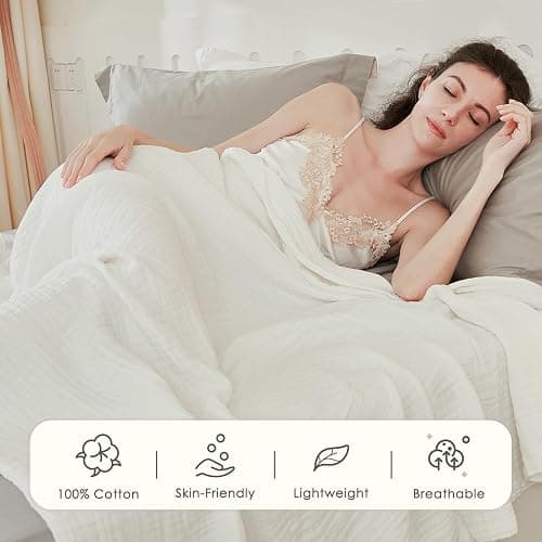 EMME Cotton Muslin Twin XL Blanket Breathable Gauze Soft Lightweight Adults Gifts for Women (White,66"x90") thumbnail 5