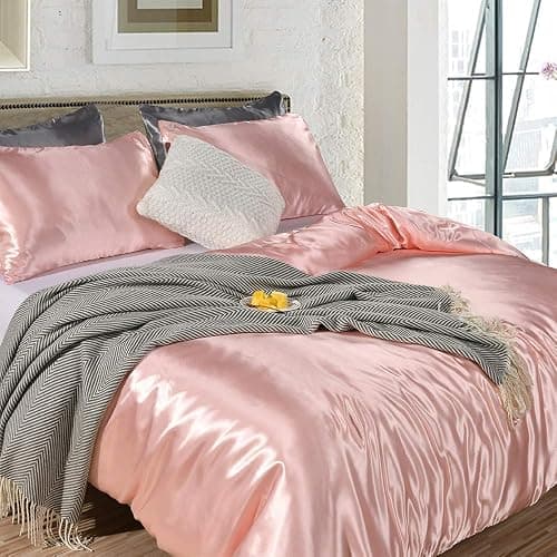 Lanqinglv Bettwäsche Set 135x200cm 2 Teilig Rosa Satin Seide Seidig Luxus Bettbezug mit Reißverschluss und Kissenbezug 80x80cm thumbnail 3