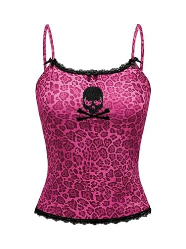 RoseSeek Women's Y2K Leopard Cami Top Skull Print Lace Trim Grunge Tops Spaghetti Strap Camisole - Image 1