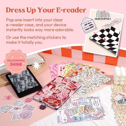 Kaciola 12PCS Inserts Cardstock and 4PCS Charms for E-reader with 50PCS Stickers for Insert, 6.2"x4.3" Bookish Warm Theme Back Cover Accessories for E-Reader Basic, Gifts for Booklovers thumbnail 3
