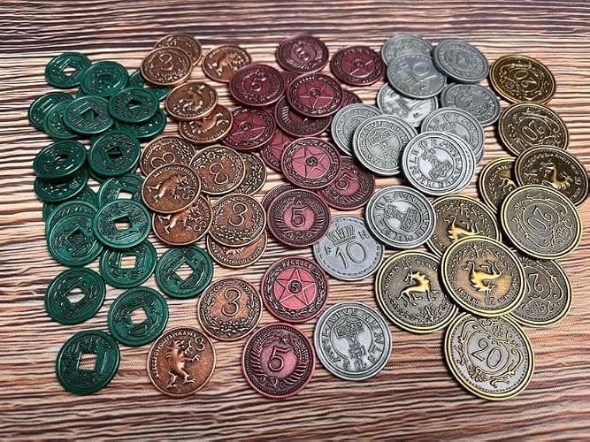 Stonemaier Games: Metal Coins (Scythe and Expeditions) | Metal Coins to Enhance Your Gameplay | 80 Coins with Unique Colors and Sides for Each Denomination - Values Include 1, 3, 5,10, and 20 thumbnail 4