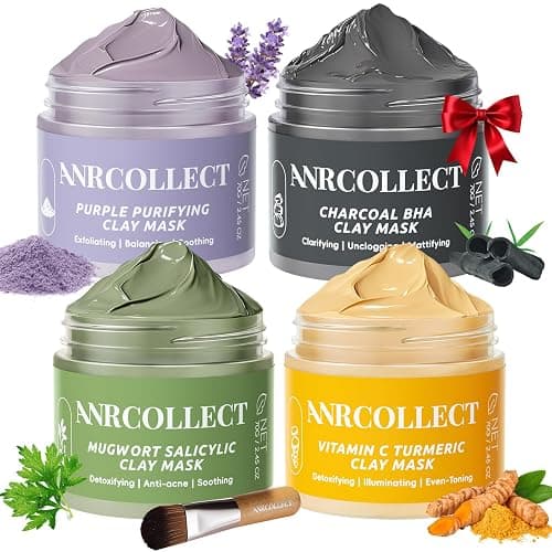 ANRCOLLECT 4-Pack Clay Face Mask Set (280g Total) - Vitamin C Turmeric, Charcoal BHA, Mugwort Salicylic & Purple Clay Masks for Deep Pore Cleansing, Oil Control & Blackhead Removal - Skincare Gift Set - Image 1
